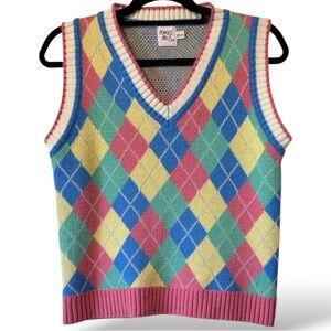 Princess Polly Argyle Sweater Vest Multicolor Diamond Knit Crop XS/S V-Neck